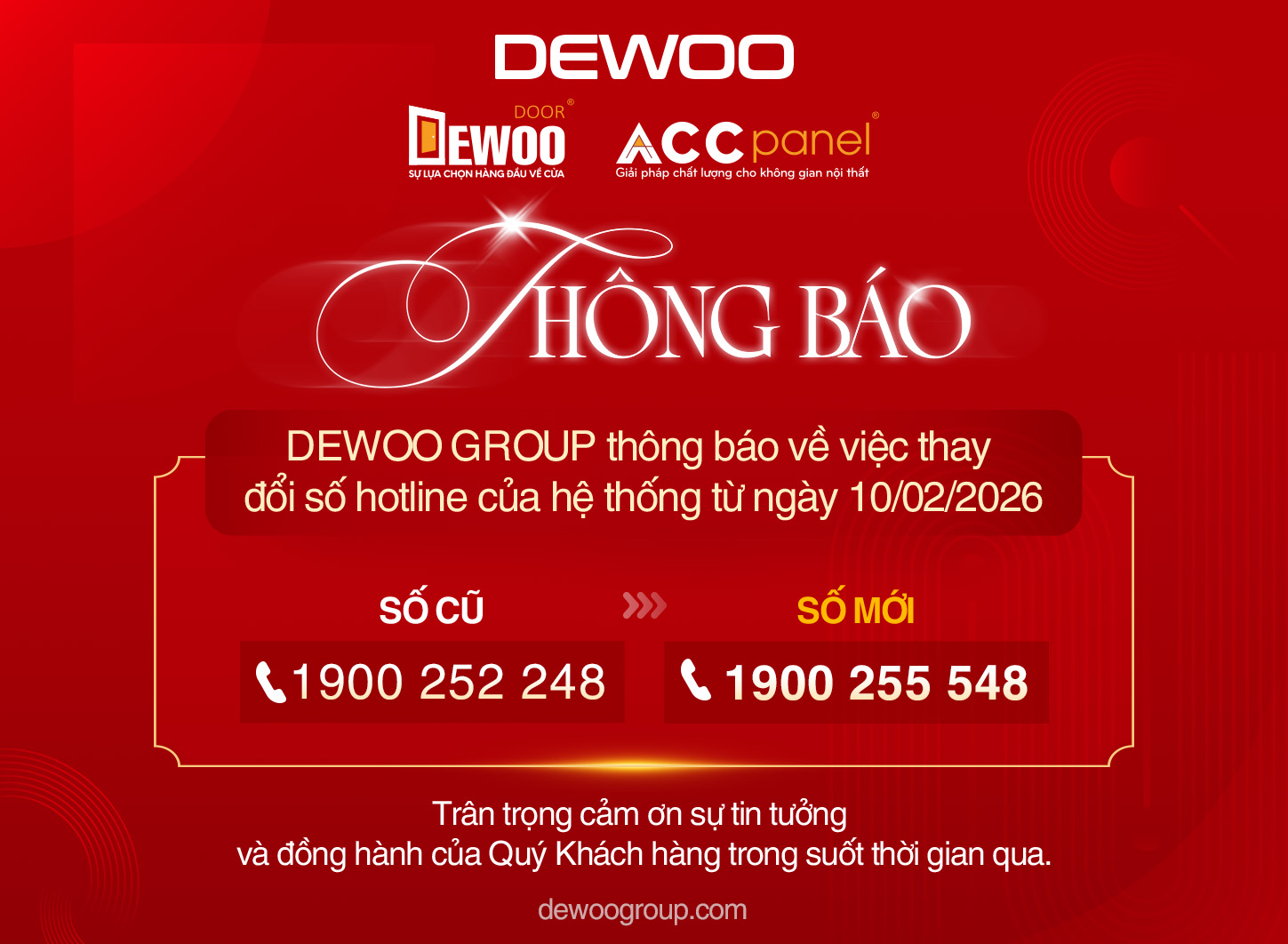 DEWOO Group thông báo về việc thay đổi số Hotline
